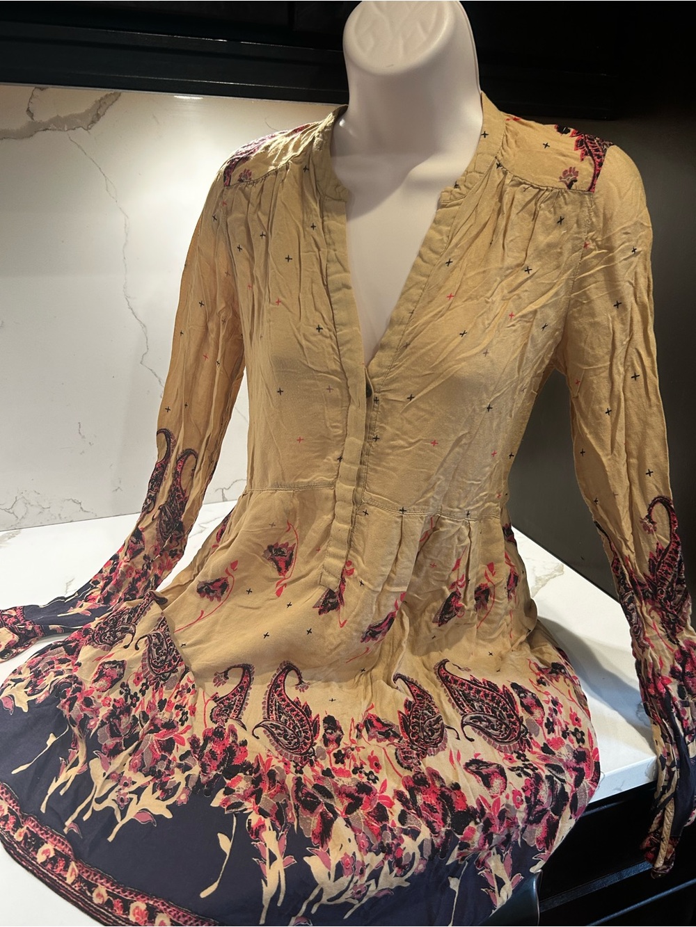 Free People Boho Tunic/Dress with Black and Pink Paisley Border